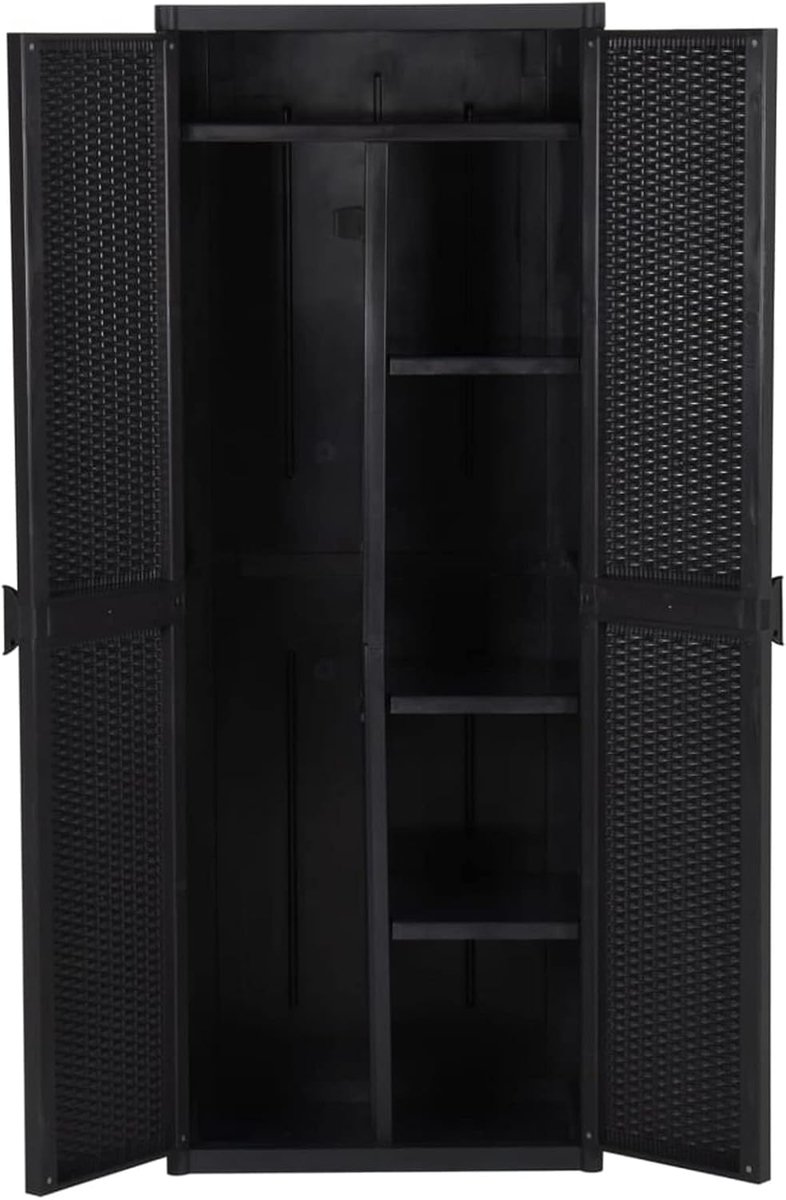 Lockerkast, multifunctionele kast met bezemhouder en 4 legplanken, terraskast, balkonkast voor binnen en buiten, zwart, 65 x 45 x 172 cm, rotan-look