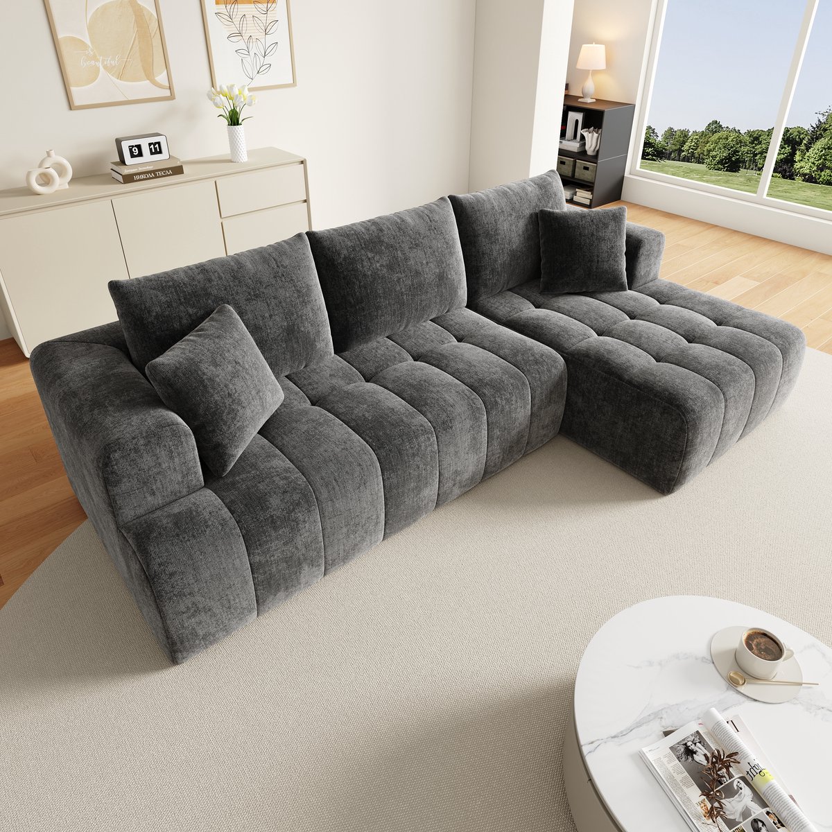 Multifunctionele Hoekbank, L-Bank, 3-Zits Bank, Modulaire L-Vormige Hoekbank Zonder Frame, Cloud-Bank, Comfortabel Chenille Weefsel, Vrij Combineerbaar, Met 2 Poefjes En Kussens, Groen