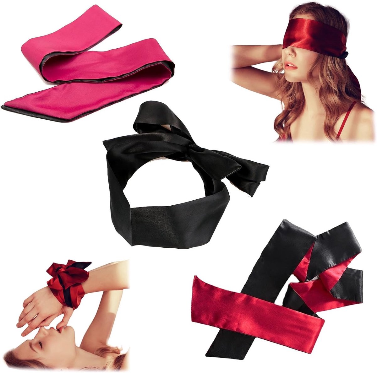 3 stuks zijden satijnen blinddoek, oogmasker voor slaapspelletjes satijn zijden ooghoezen satijn slaapmasker Valentijn cadeau 145 cm (zwart rood roos rood)