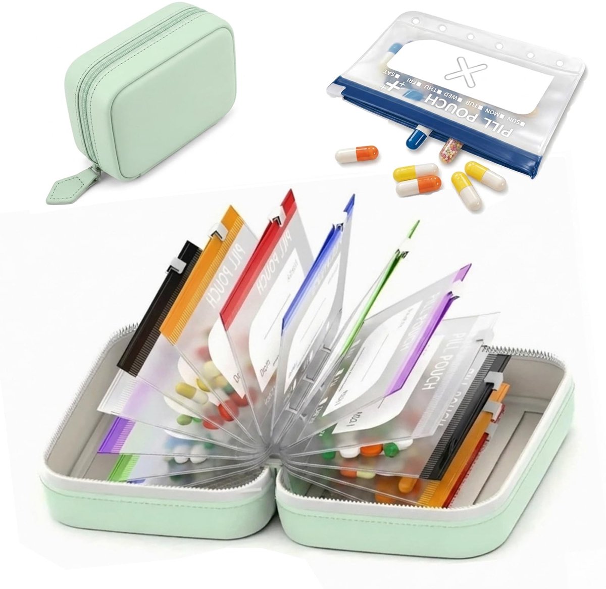 Casalora® Medicijn Organizer voor Reizen – Waterdichte Opbergtas met 14 Kleurgecodeerde Ritszakjes – Voedselveilige Opbergzakken – Compacte Reisopberger – Groen