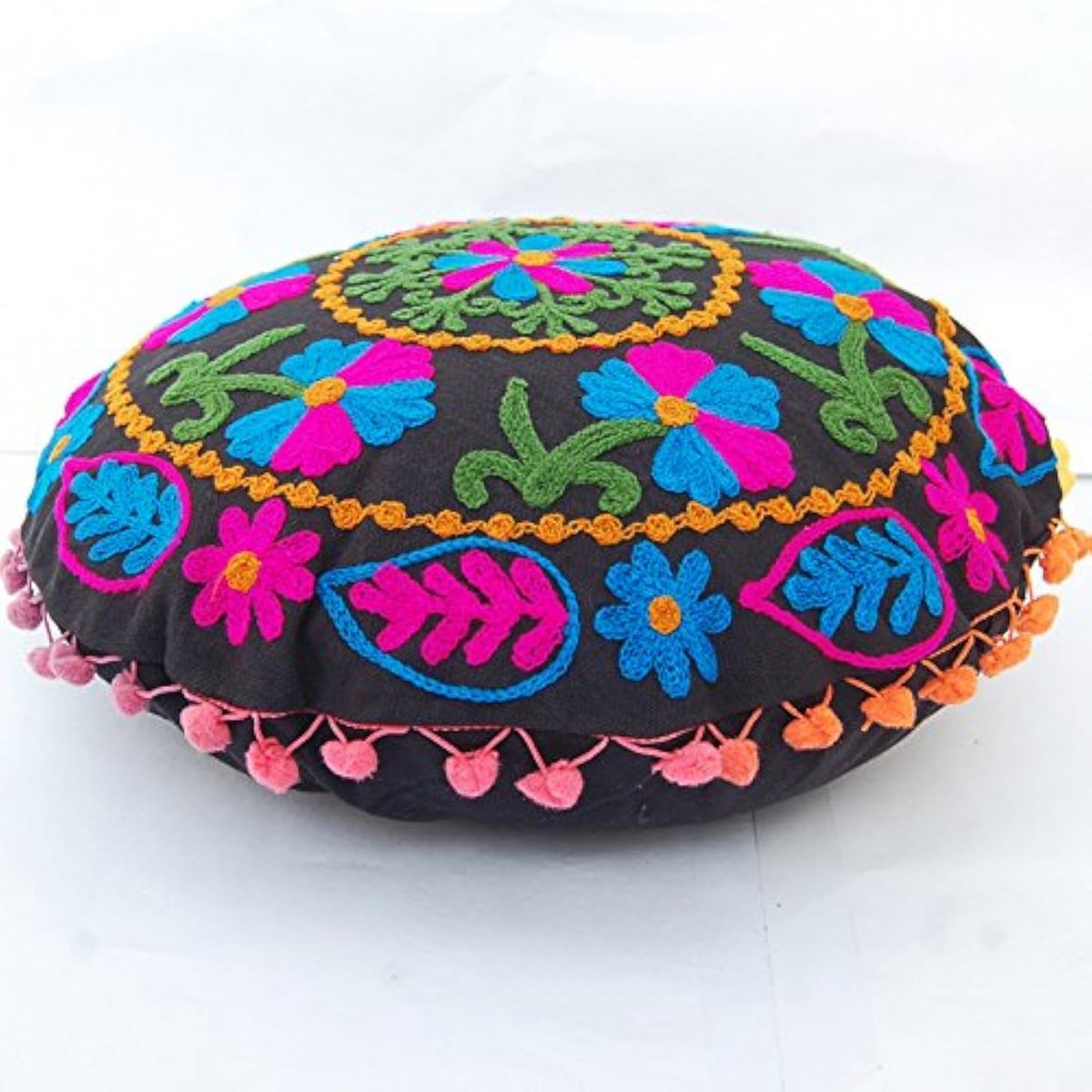 Jaipur Boho gooien rond Suzani kussen, geborduurde kussenhoezen 16 inch, decoratieve gooien kussenslopen, Indiase Pom Pom Outdoor kussens, Boho kussenslopen