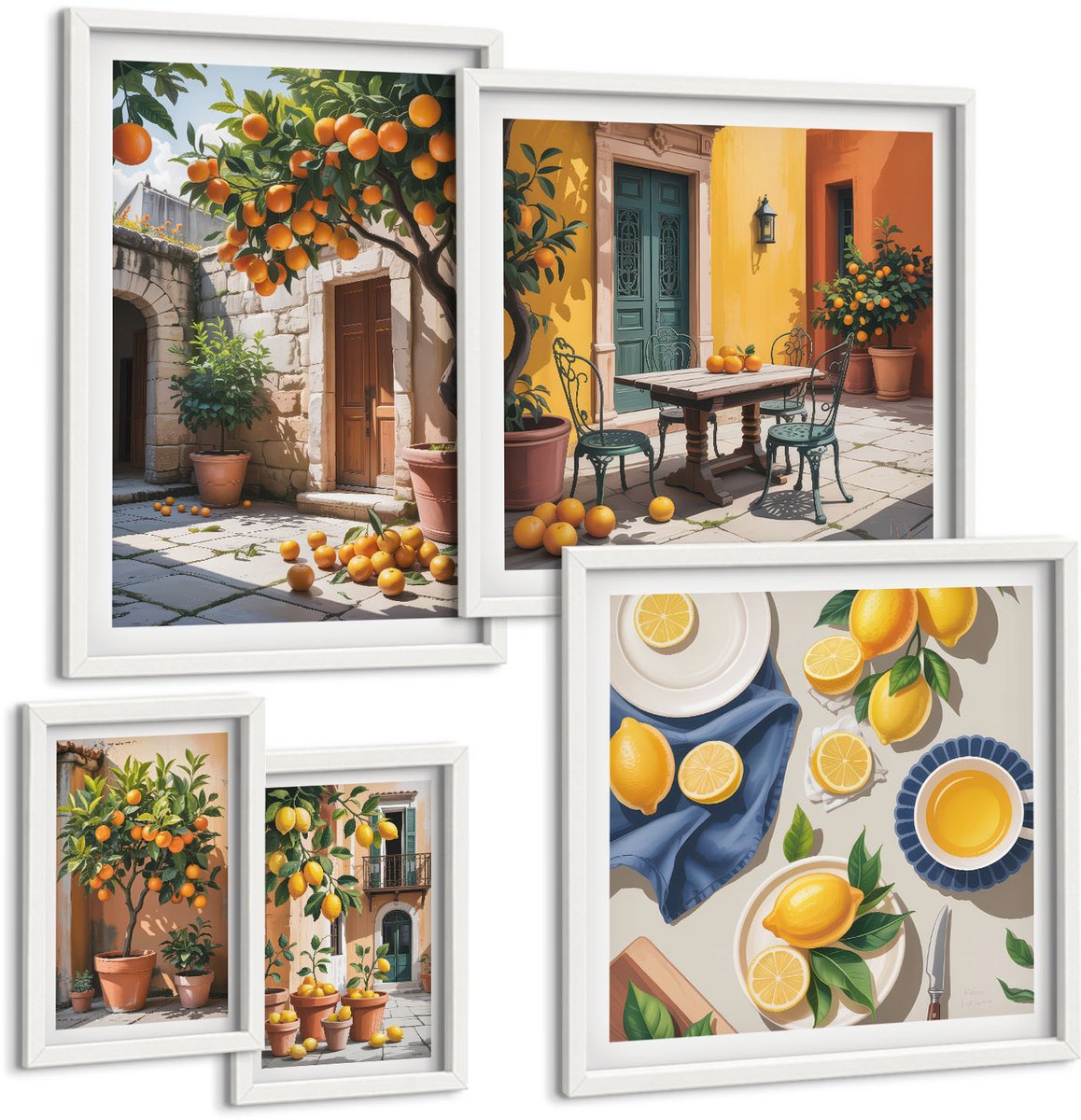 Coloray 5-Delige Schilderij Set - Citrusvruchten In Zonnige Tuinen En Op Terrassen - 50 x 50 cm, 20 x 30 cm En 40 x 60 cm - Moderne Wanddecoratie - Slaapkamer - Muurdecoratie