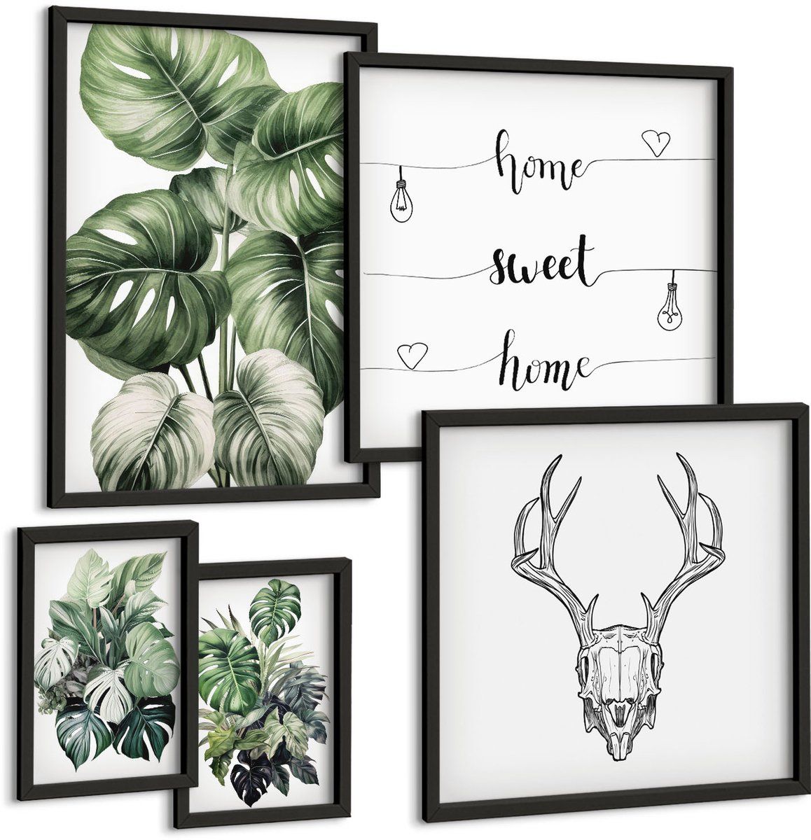 Coloray 5-Delige Schilderij Set - Plantmotieven Met Natuurelementen En Het Woord 'Thuis'. - 50 x 50 cm, 20 x 30 cm En 40 x 60 cm - Schilderijen Set - Wanddecoratie - Woonkamer - Stijlvolle Muurdecoratie Zwarte lijst