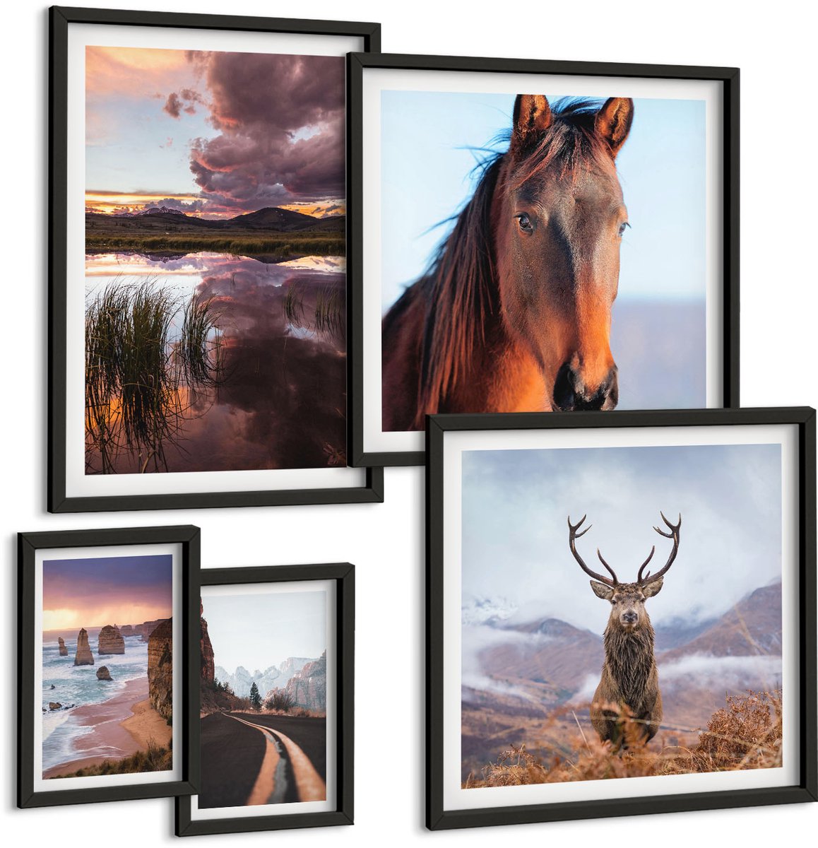 Coloray 5-Delige Schilderij Set - De Natuurlijke Schoonheid Van Landschappen En Dieren In De Buitenlucht - 50 x 50 cm, 20 x 30 cm En 40 x 60 cm - Moderne Wanddecoratie - Slaapkamer - Decoratieve Schilderijen Zwarte lijst
