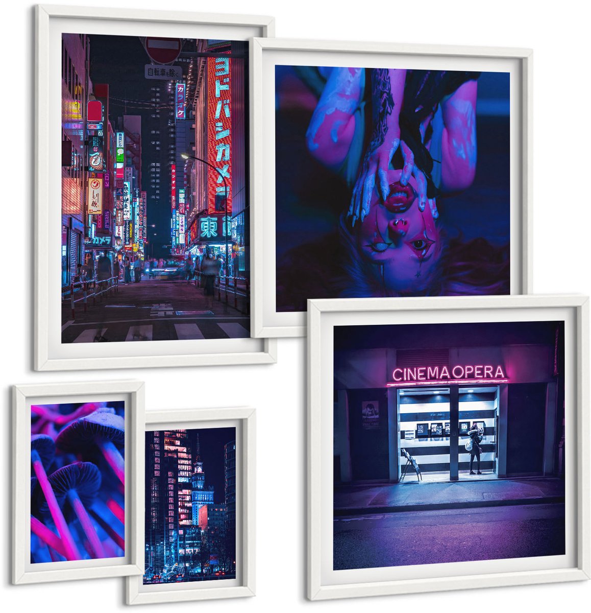 Coloray 5-Delige Schilderij Set - Neon Nachtelijke Stadsgezichten Met Een Stedelijke Sfeer - 50 x 50 cm, 20 x 30 cm En 40 x 60 cm - Wanddecoratie - Moderne Interieurdecoratie - Moderne Wanddecoratie