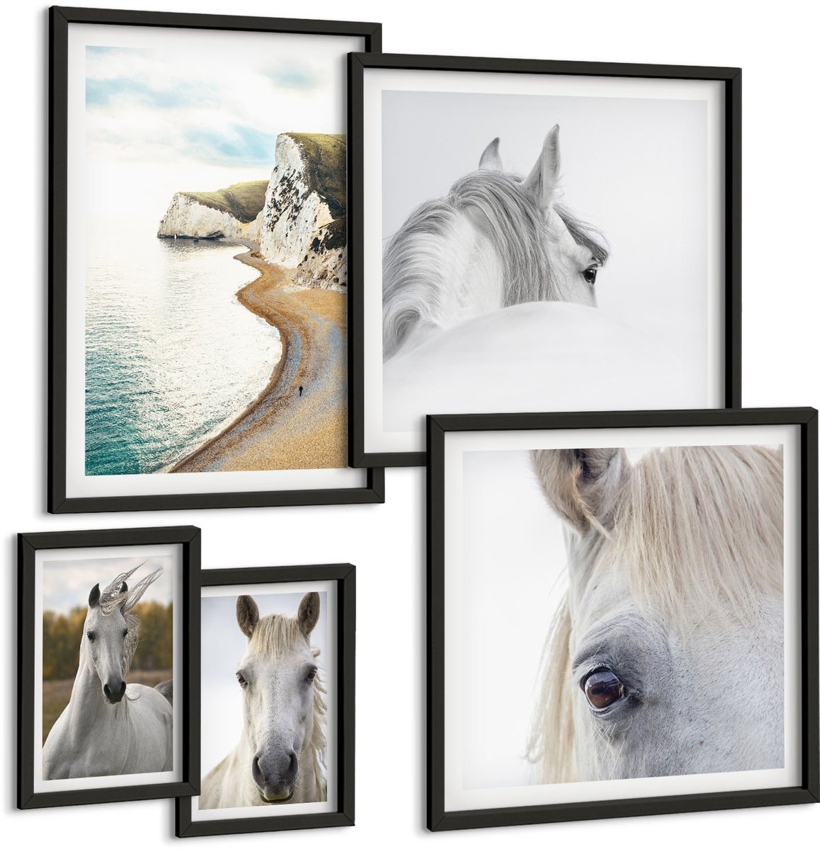 Coloray 5-Delige Schilderij Set - Paarden Op Het Strand En In De Natuur In Een Minimalistische Stijl. - 50 x 50 cm, 20 x 30 cm En 40 x 60 cm - Wanddecoratie - Woonkamer Decoratie - Interieur Decoratie Zwarte lijst