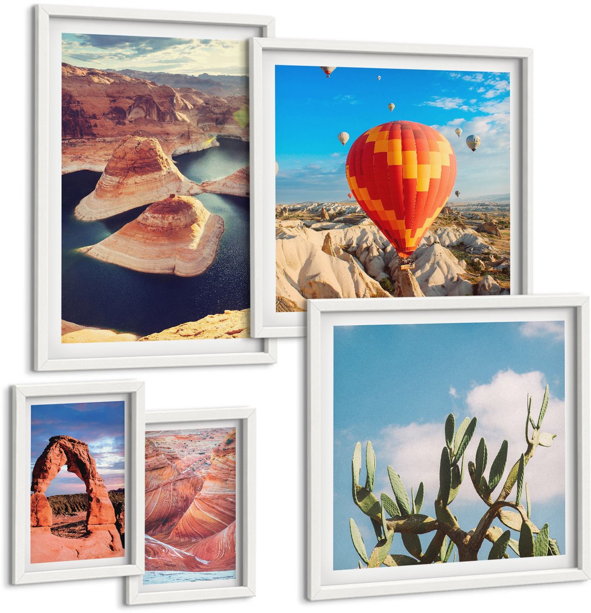 Coloray 5-Delige Schilderij Set - Natuurlijke Landschappen Met Bergen En Waterpartijen - 50 x 50 cm, 20 x 30 cm En 40 x 60 cm - Muurdecoratie - Wanddecoratie - Hal - Woonkamer Decoratie