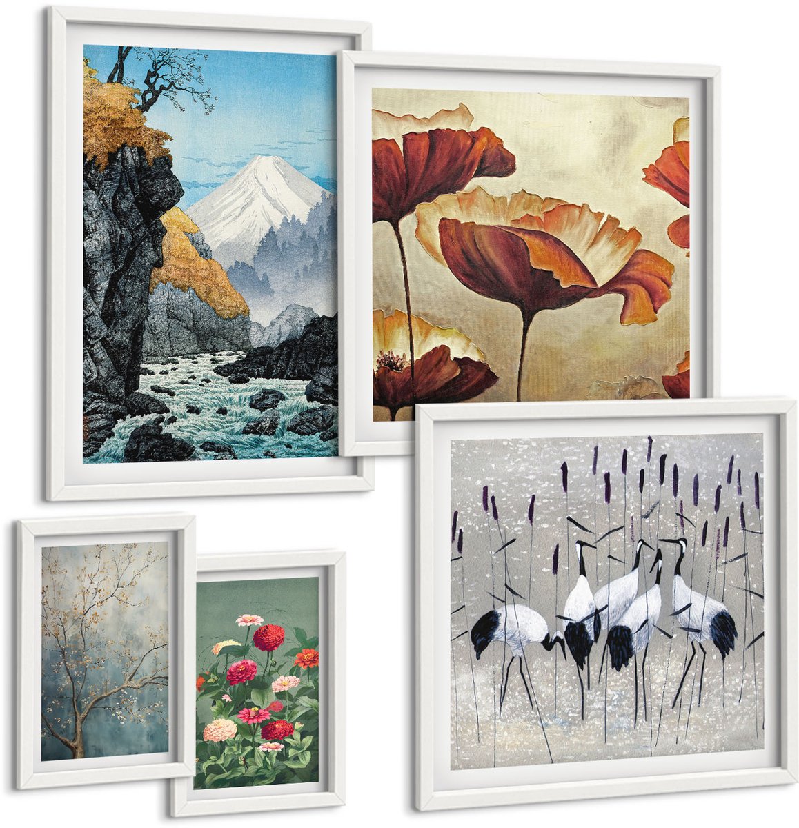 Coloray 5-Delige Schilderij Set - Natuurlandschappen Met Bloemen En Uitzicht Op De Bergen - 50 x 50 cm, 20 x 30 cm En 40 x 60 cm - Stijlvolle Muurdecoratie - Kantoor - Woonkamer Decoratie