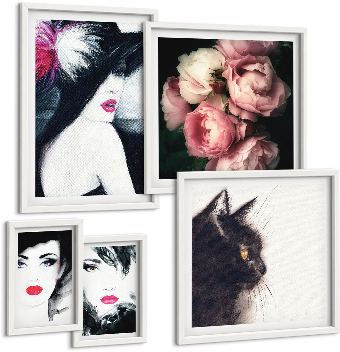 Coloray 5-Delige Schilderij Set - Stijlvolle Portretten Van Vrouwen Met Rozen En Een Kat - 50 x 50 cm, 20 x 30 cm En 40 x 60 cm - Muurdecoratie - Decoratieve Schilderijen - Wohnzimmer