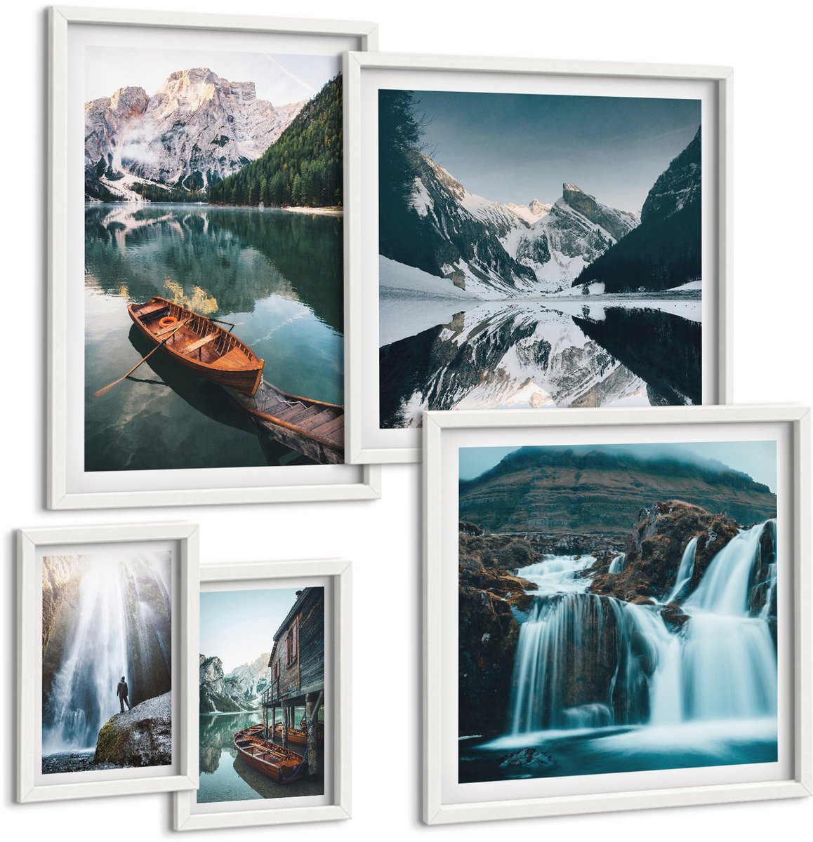 Coloray 5-Delige Schilderij Set - Berglandschappen Met Watervallen En Alpenmeren - 50 x 50 cm, 20 x 30 cm En 40 x 60 cm - Muurdecoratie - Decoratieve Schilderijen - Wohnzimmer - Wanddecoratie