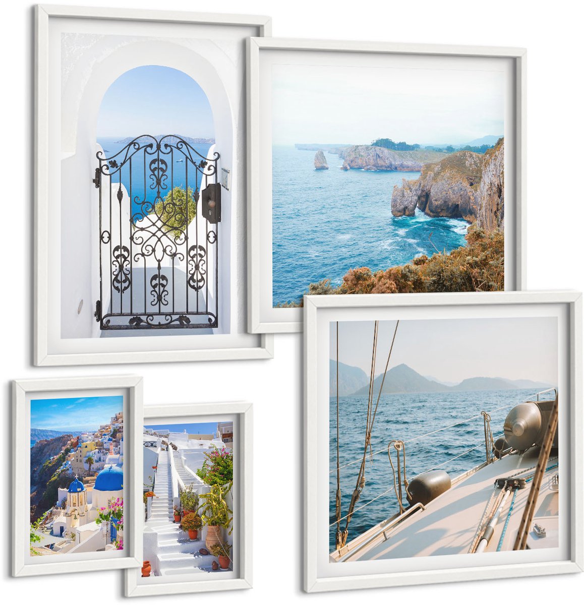 Coloray 5-Delige Schilderij Set - Landschappen Van Griekenland: Uitzicht Op Zee En Architectuur - 50 x 50 cm, 20 x 30 cm En 40 x 60 cm - Schilderijen Set - Wanddecoratie - Woonkamer - Moderne Wanddecoratie