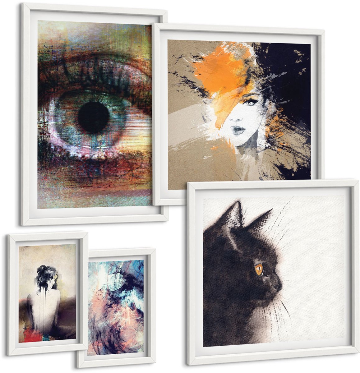 Coloray 5-Delige Schilderij Set - Moderne Kunstportretten En Abstractie In Één Set - 50 x 50 cm, 20 x 30 cm En 40 x 60 cm - Decoratieve Schilderijen - Wanddecoratie - Hal
