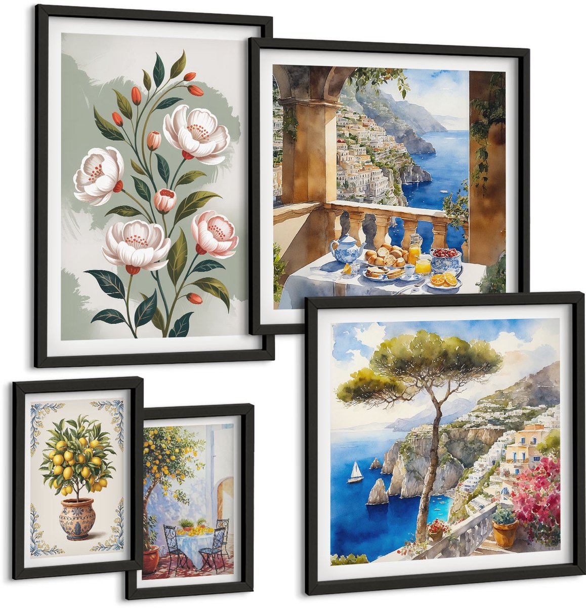 Coloray 5-Delige Schilderij Set - Bloemmotieven En Pittoreske Landschappen - 50 x 50 cm, 20 x 30 cm En 40 x 60 cm - Decoratieve Schilderijen - Woonkamer - Interieur Zwarte lijst