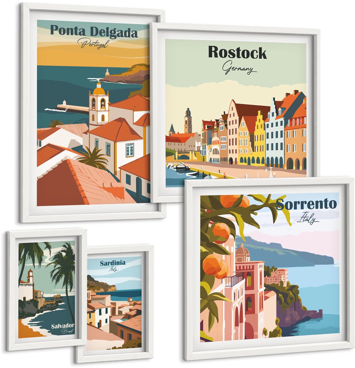 Coloray 5-Delige Schilderij Set - Uitzichten Op Pittoreske Landschappen Vanuit Europese Steden - 50 x 50 cm, 20 x 30 cm En 40 x 60 cm - Decoratieve Muurdecoratie - Slaapkamer - Wanddecoratie