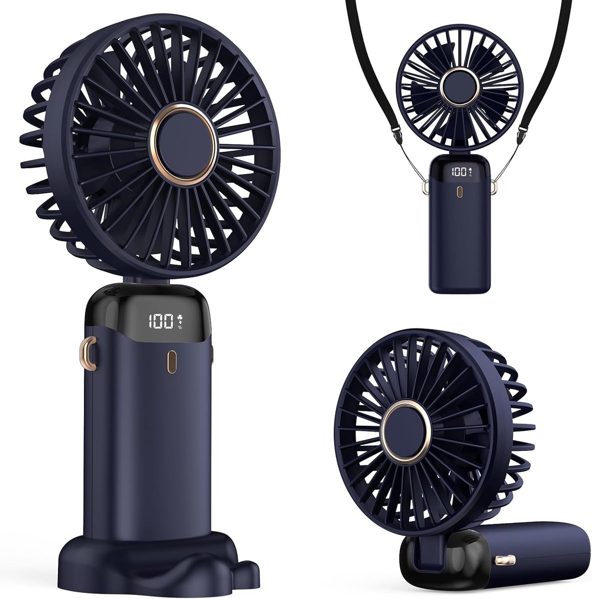 Handventilator, 4200mAh USB Ventilator met LED-display, 3-in-1 Hand-/Nek-/Bureauventilator, 90° Verstelbaar en Opvouwbaar, Verkoeling voor Zomer, Thuis, Kantoor, Reizen, Cadeaus(Donkerblauw)