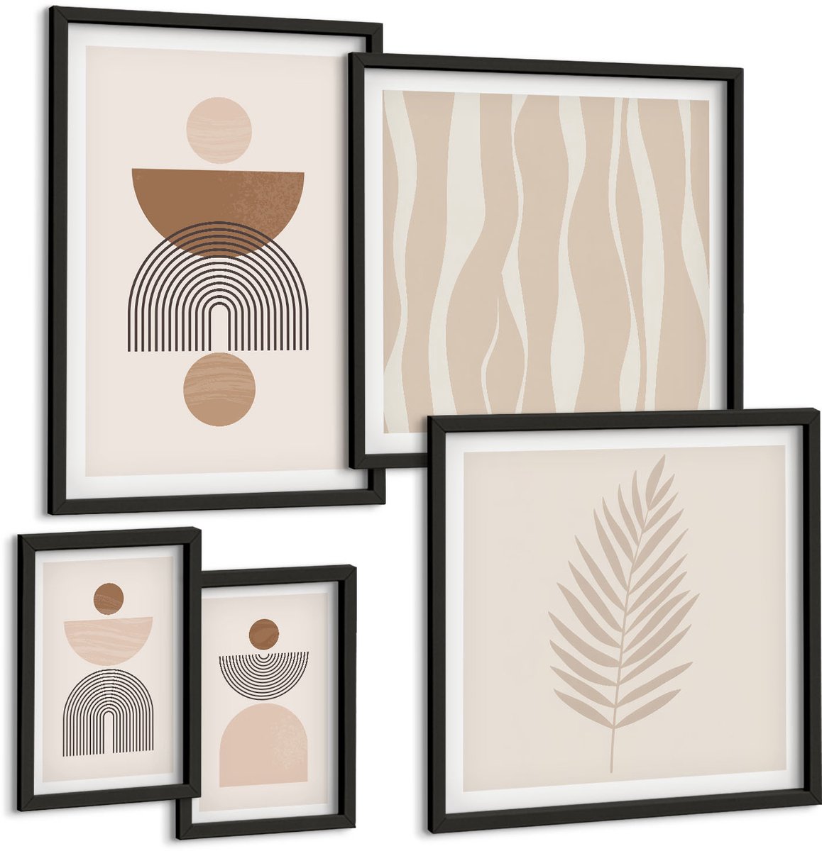 Coloray 5-Delige Schilderij Set - Abstracte Geometrische Vormen In Natuurlijke Tinten. - 50 x 50 cm, 20 x 30 cm En 40 x 60 cm - Decoratieve Muurdecoratie - Slaapkamer - Decoratieve Schilderijen
