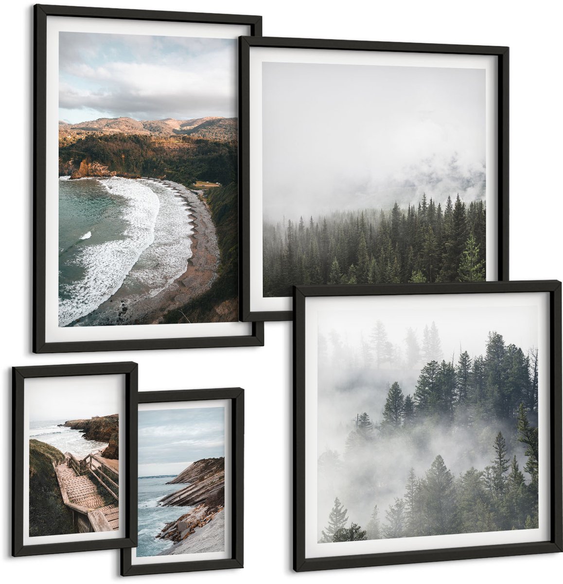Coloray 5-Delige Schilderij Set - Kustlandschappen Met Bossen En Bergheuvels - 50 x 50 cm, 20 x 30 cm En 40 x 60 cm - Muurdecoratie - Wanddecoratie - Slaapkamer