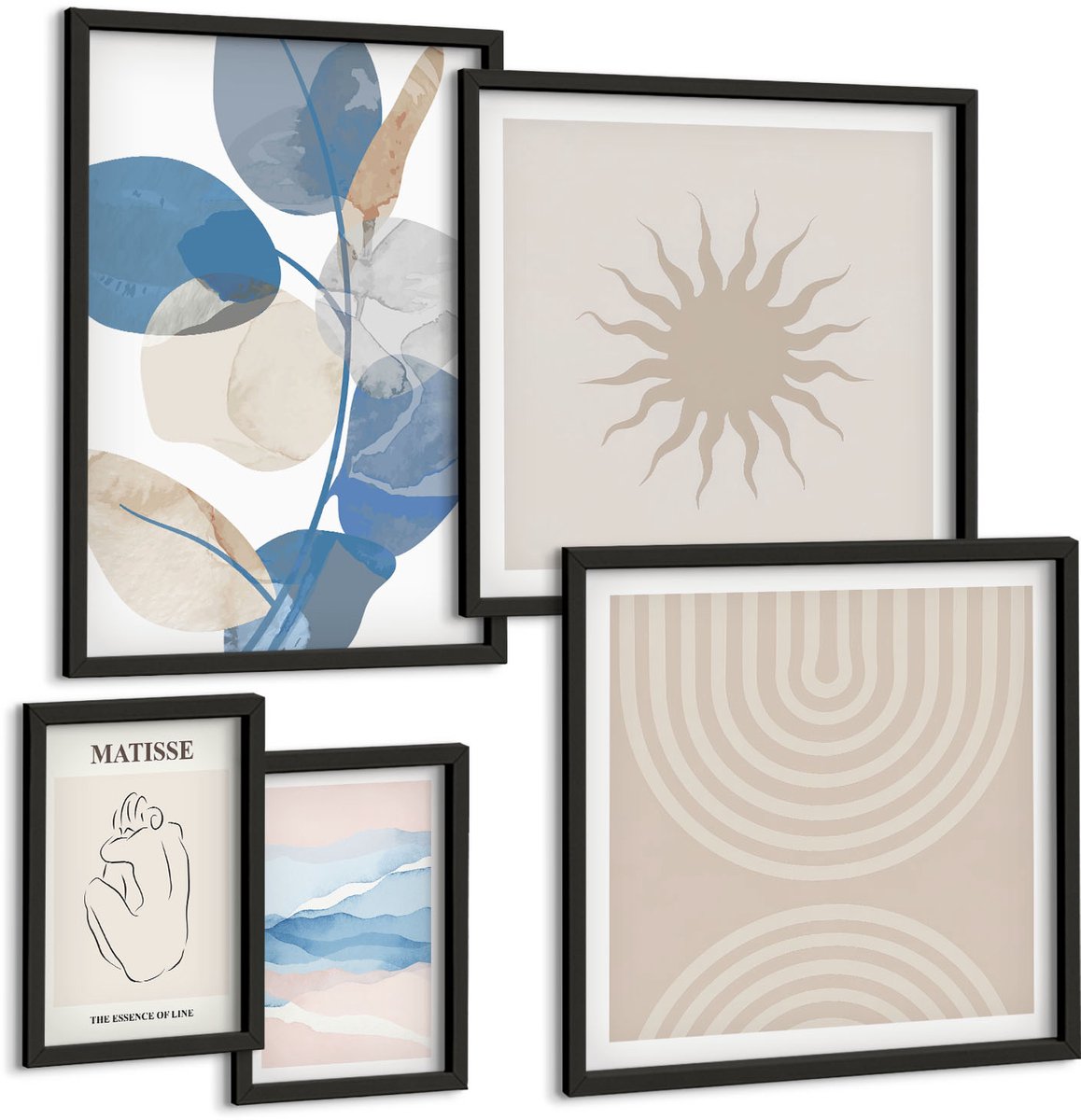 Coloray 5-Delige Schilderij Set - Stijlvolle Abstracte Composities Met Plantenaccenten - 50 x 50 cm, 20 x 30 cm En 40 x 60 cm - Stijlvolle Muurdecoratie - Slaapkamer