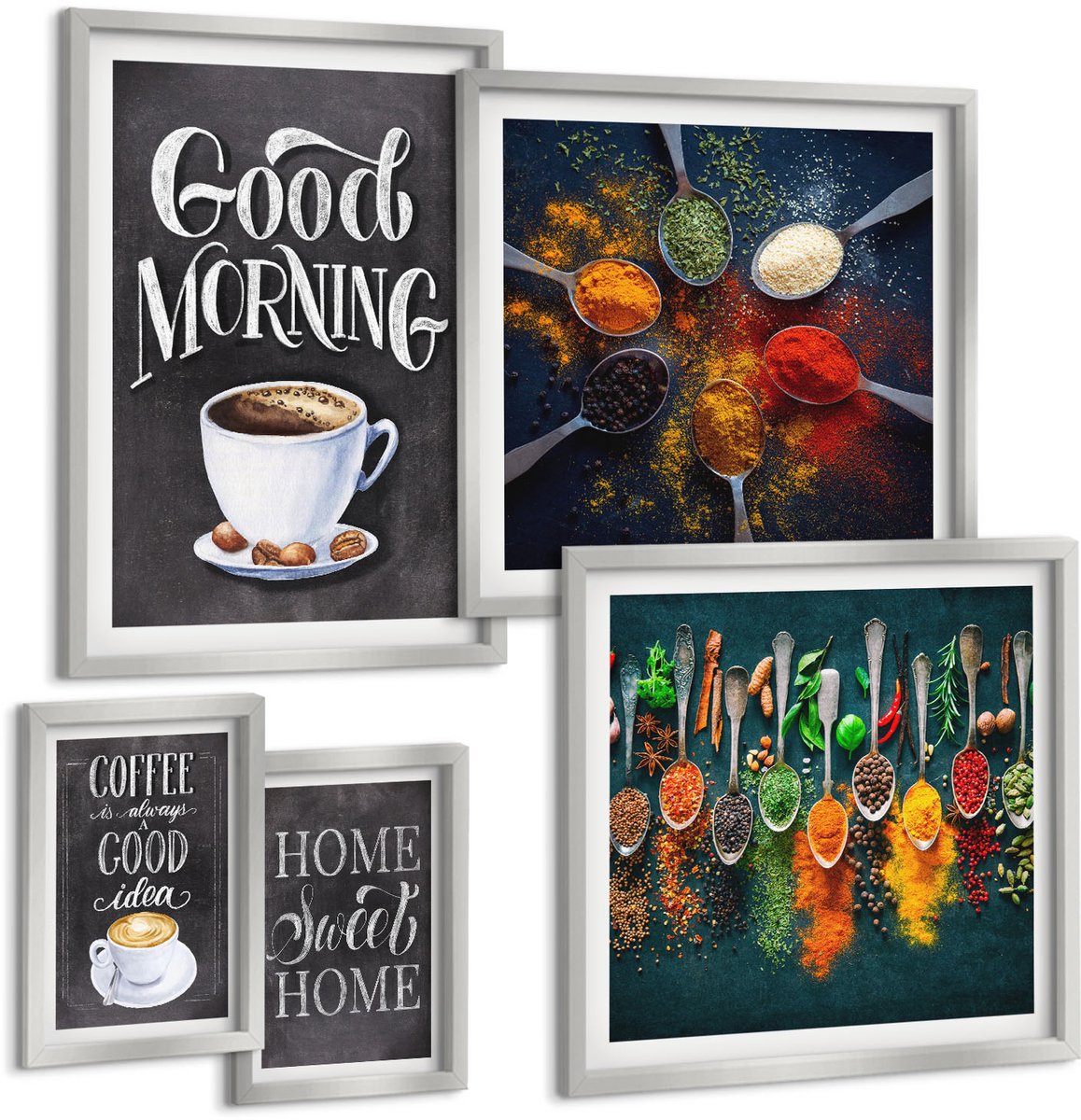 Coloray 5-Delige Schilderij Set - Specerijen Koffie Met Kopje Kruiden Keukenpatronen - 20 x 30 cm - Wanddecoratie - Muurdecoratie - Moderne Interieurdecoratie - Interieur Decoratie