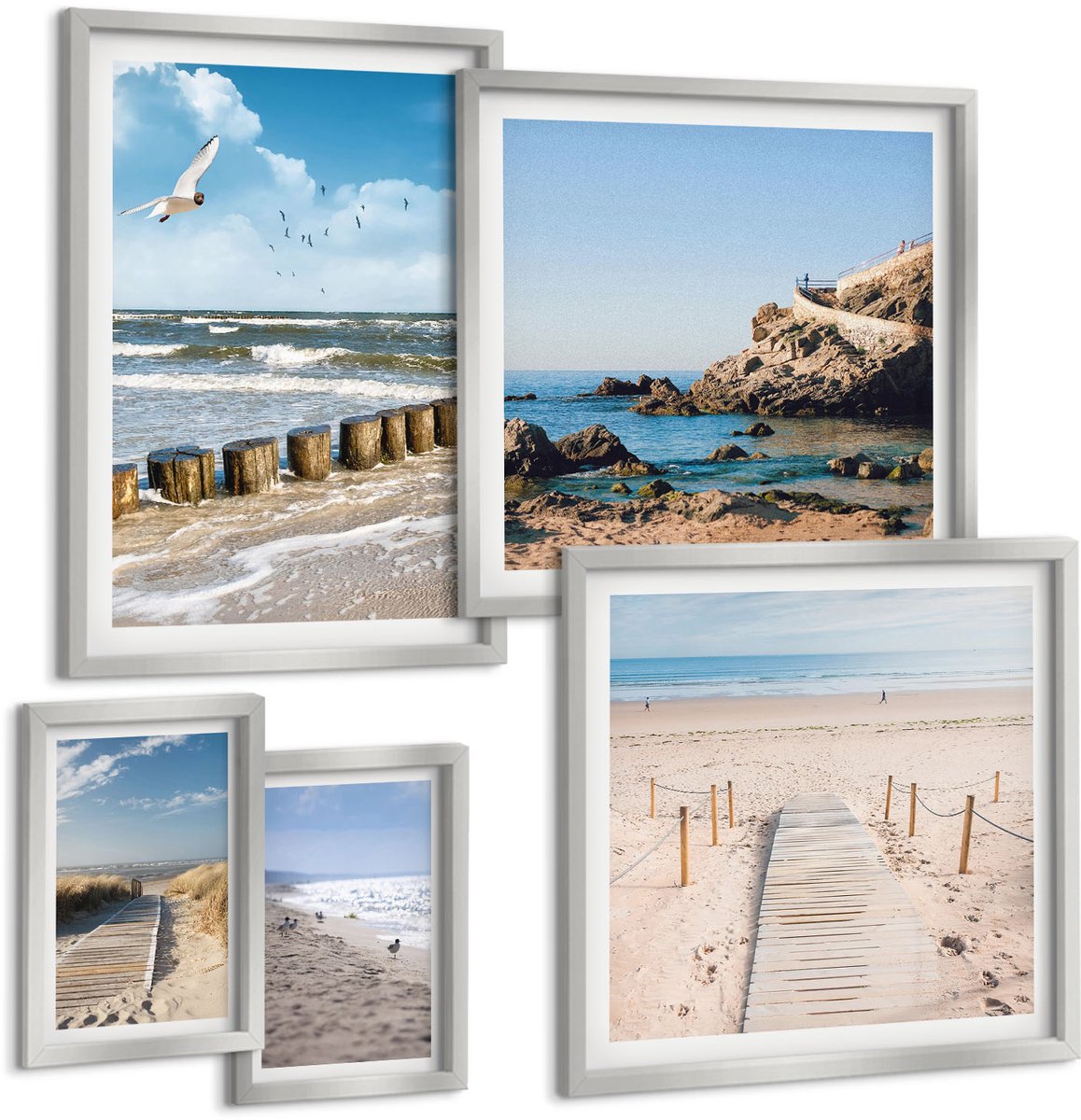 Coloray 5-Delige Schilderij Set - Strand Met Zand, Golven, Lucht En Vogels In De Lucht. - 20 x 30 cm - Wanddecoratie - Muurdecoratie - Woonkamer - Stijlvolle Muurdecoratie