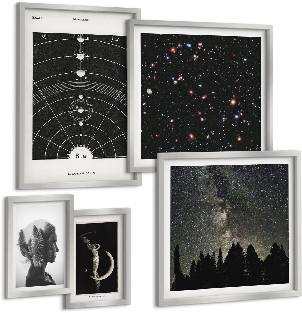 Coloray 5-Delige Schilderij Set - Sterrenstelsel In Het Zonnestelsel 'S Nachts Figuur Op De Maan - 20 x 30 cm - Decoratieve Schilderijen - Wanddecoratie - Hal - Stijlvolle Muurdecoratie