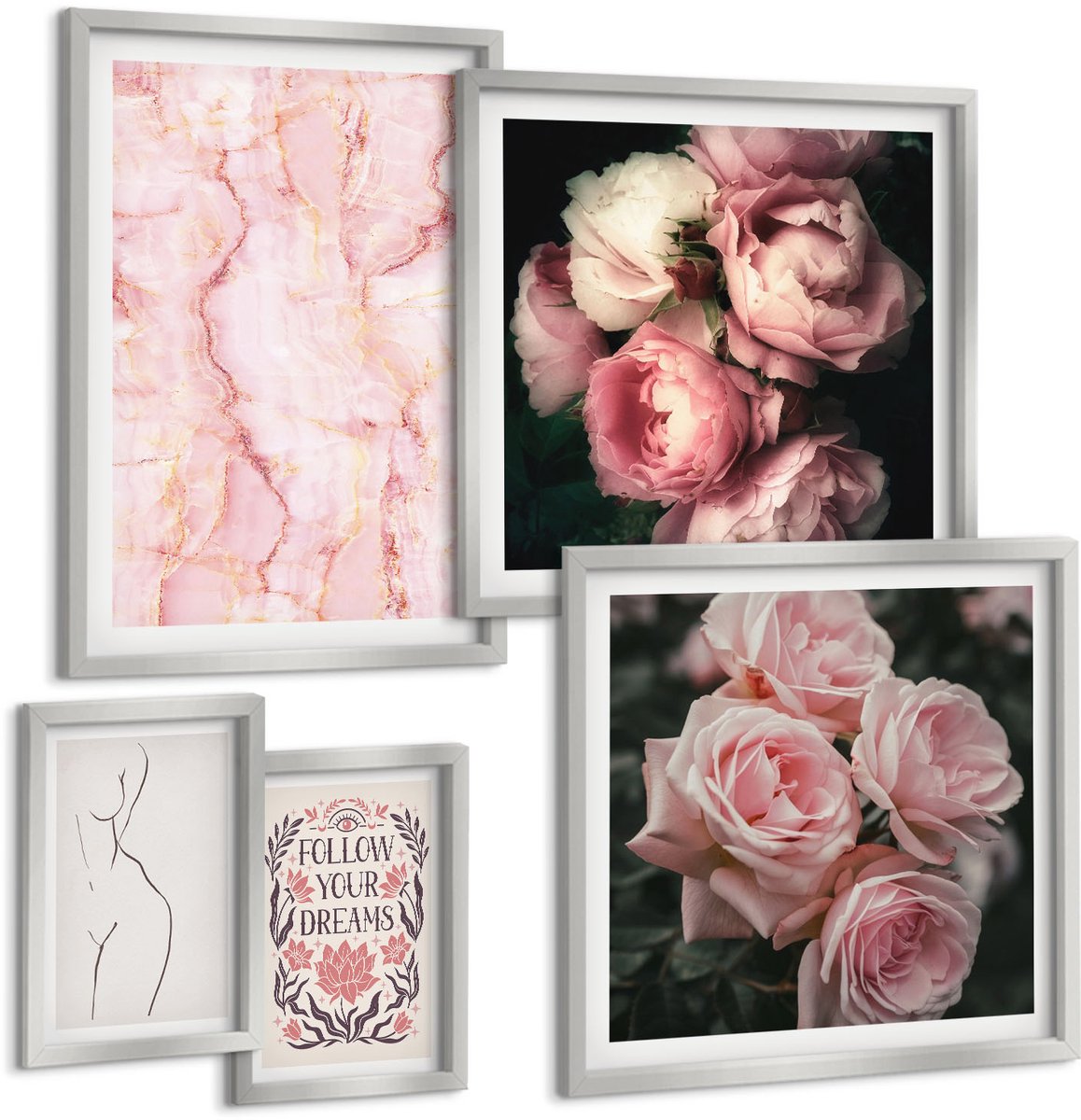 Coloray 5-Delige Schilderij Set - Vintage Rozen Met De Inscriptie 'Over Dromen'. - 20 x 30 cm - Moderne Wanddecoratie - Woonkamer - Stijlvolle Muurdecoratie