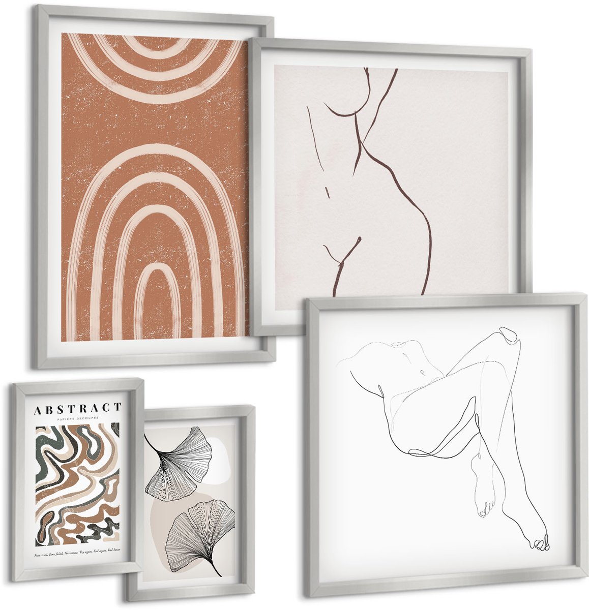 Coloray 5-Delige Schilderij Set - Abstracte Poster Met Vrouwelijke Vormen En Bladeren In Boho-Stijl. - 20 x 30 cm - Wanddecoratie - Woonkamer Decoratie