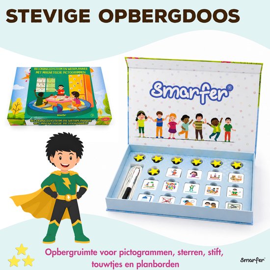 Boîte de rangement colorée Smarfer avec un couvercle ouvert, remplie de pictogrammes pour un système de récompense, d'étoiles magnétiques et d'un marqueur.