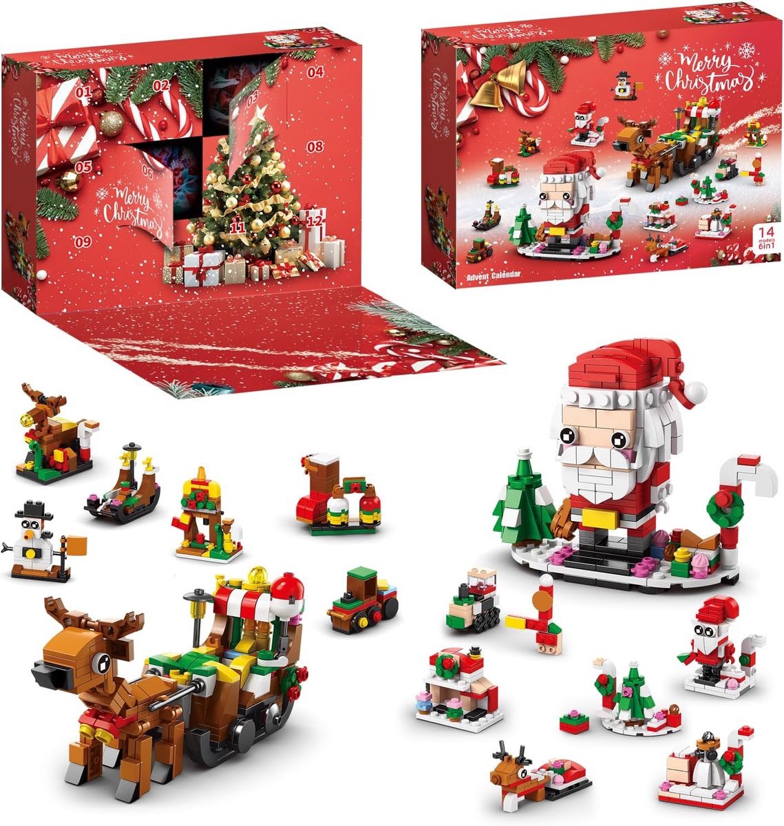 casalora - Adventskalender 2025 speelgoed - bouwstenen speelgoed - Kerstmis - 6-in-1 Bouwstenen van het rendier van de Kerstman - de Kerstman - Elanden speelgoed - Kerstcadeaus - Speelgoed nog leuker dan LEGO - geschikt voor Kerstcadeaus voor jong