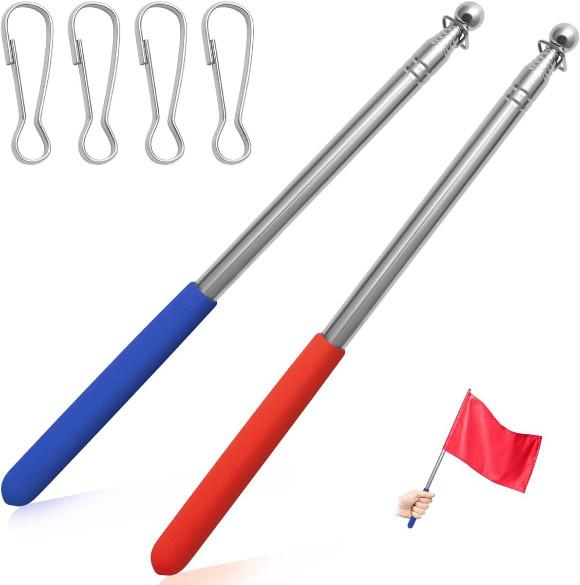 2 stuks uitschuifbare handheld vlaggenmast (1,6 m/5,25 ft), telescopische vlaggenmast roestvrij staal met vlagclips, draagbare handheld vlaggenmast voor festival camping tour