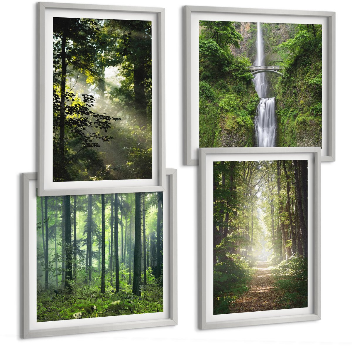 Coloray 4-Delige Schilderij Set - Groene Bossen Met Zonnestralen En Een Bospad - 40 x 40 cm En 40 x 60 cm - Moderne Wanddecoratie - Woonkamer - Decoratieve Schilderijen
