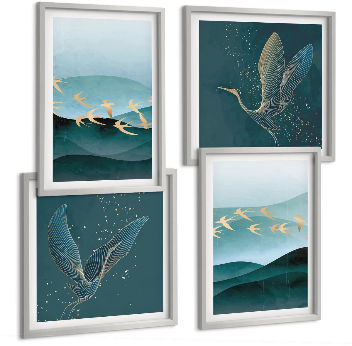 Coloray 4-Delige Schilderij Set - Abstracte Landschappen Met Golven En Vliegende Vogels - 40 x 40 cm En 40 x 60 cm - Wanddecoratie - Schilderijen Set - Interieur - Interieur Decoratie