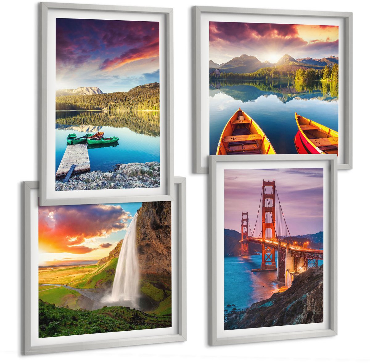 Coloray 4-Delige Schilderij Set - Uitzicht Op De Bergen Met Meren, Boten, Een Brug En Een Waterval. - 40 x 40 cm En 40 x 60 cm - Wanddecoratie - Woonkamer Decoratie - Interieur Decoratie