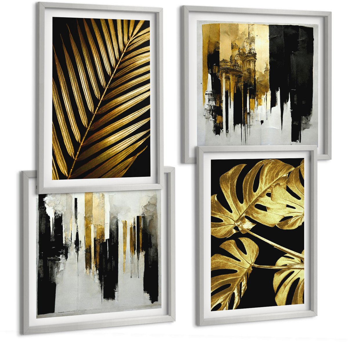 Coloray 4-Delige Schilderij Set - Palmbladeren Monsterabladeren Elegante Abstracte - 40 x 40 cm En 40 x 60 cm - Moderne Wanddecoratie - Woonkamer - Woonkamer Decoratie