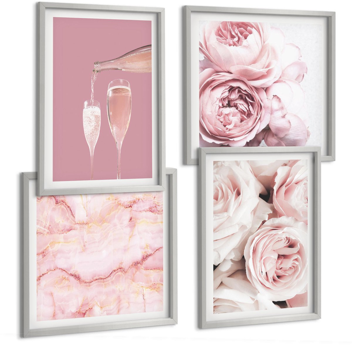 Coloray 4-Delige Schilderij Set - Champagnekleurige Rozen En Een Pastelkleurige Marmeren Achtergrond - 40 x 40 cm En 40 x 60 cm - Stijlvolle Wanddecoratie - Interieur