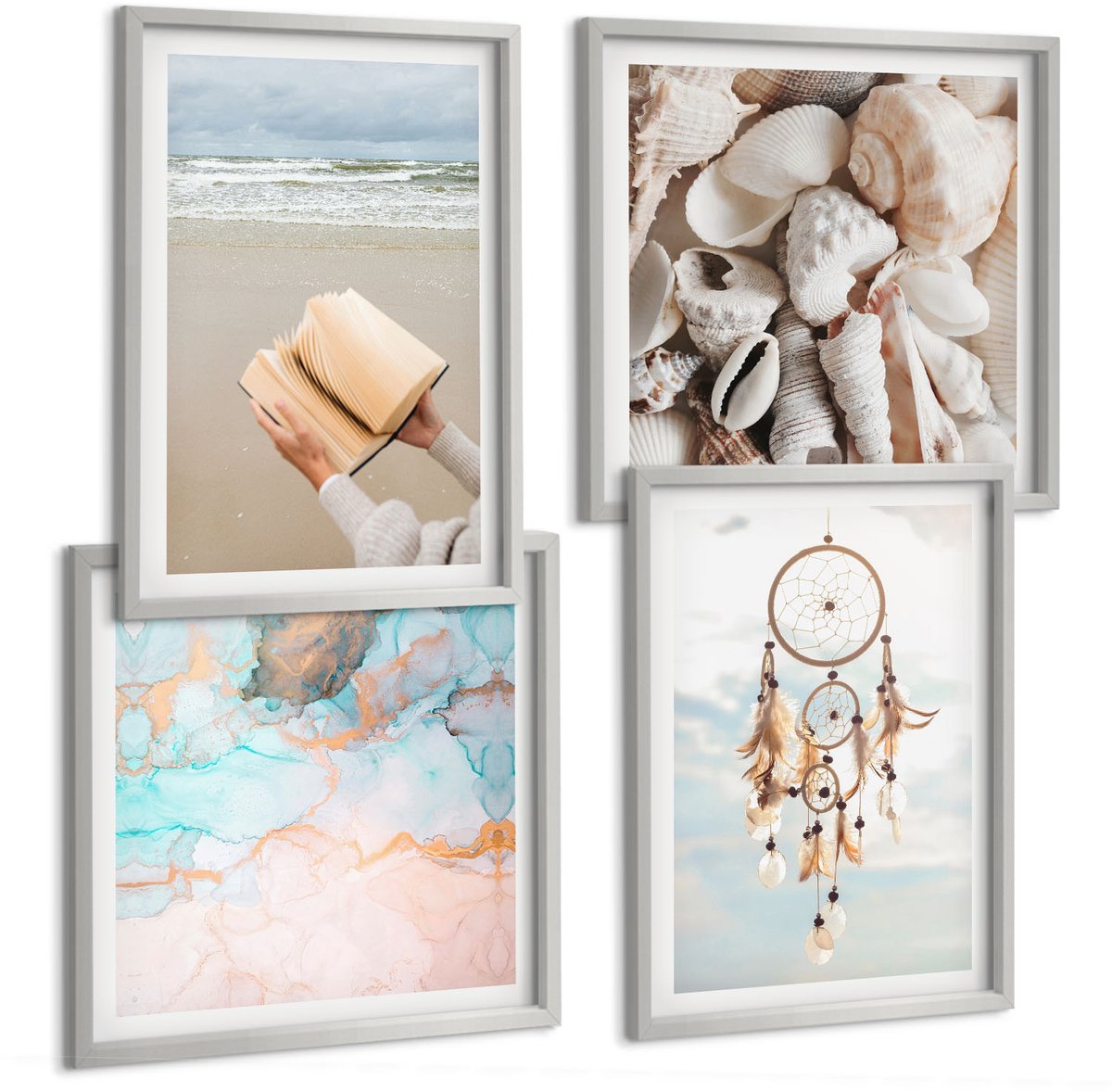 Coloray 4-Delige Schilderij Set - Een Leesboek Met Zeeschelpen En Een Boho-Dromenvanger - 40 x 40 cm En 40 x 60 cm - Decoratieve Schilderijen - Woonkamer - Interieur - Interieur Decoratie