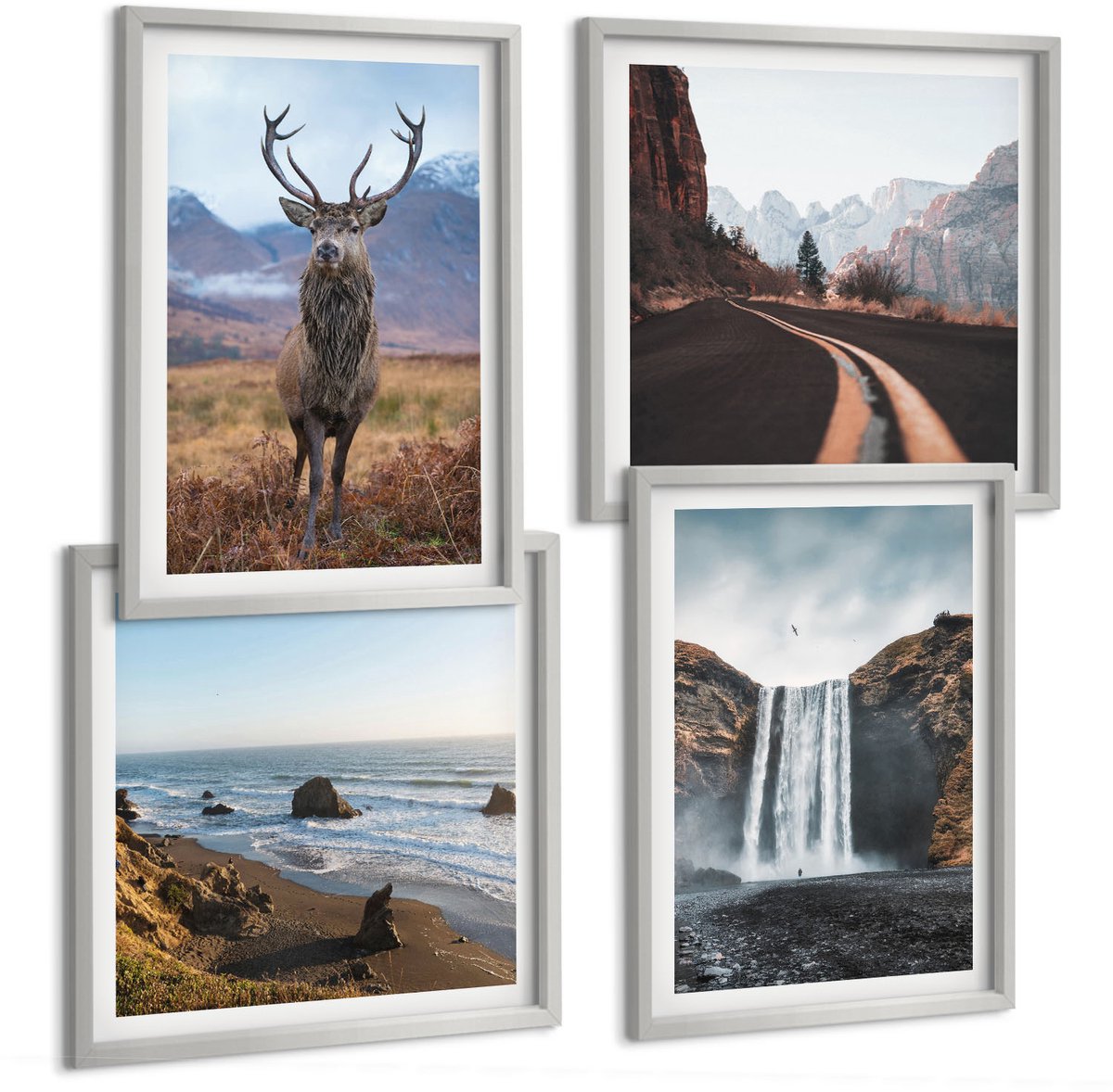 Coloray 4-Delige Schilderij Set - Berglandschappen Met Waterval, Herten En Strand - 40 x 40 cm En 40 x 60 cm - Decoratieve Schilderijen - Woonkamer - Interieur