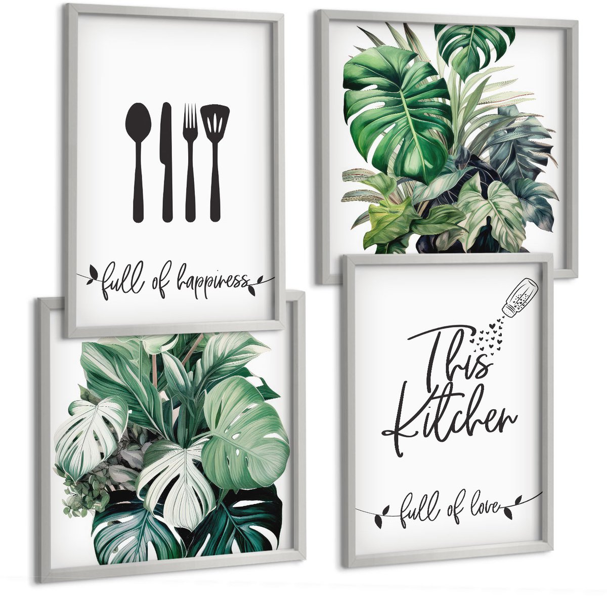 Coloray 4-Delige Schilderij Set - Patronen Van Keukengerei: Plantenbladeren - 40 x 40 cm En 40 x 60 cm - Muurdecoratie - Decoratieve Schilderijen - Wohnzimmer - Wanddecoratie