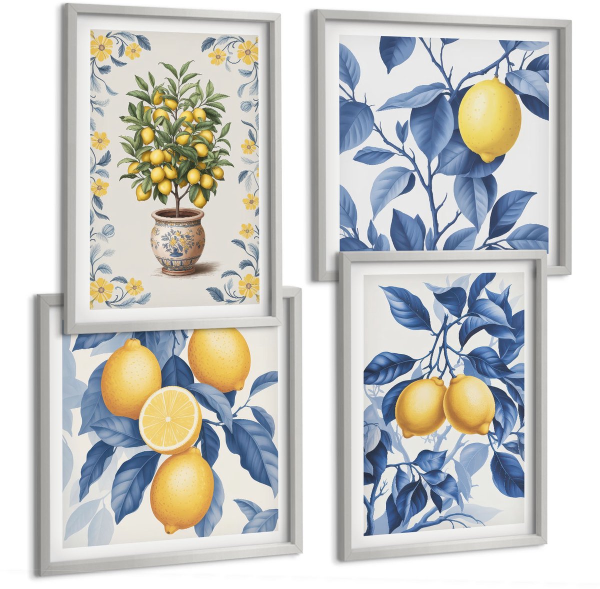 Coloray 4-Delige Schilderij Set - Citroenen Aan Takken Met Blauwe Bladeren. - 40 x 40 cm En 40 x 60 cm - Wanddecoratie - Muurdecoratie - Moderne Interieurdecoratie - Woonkamer Decoratie