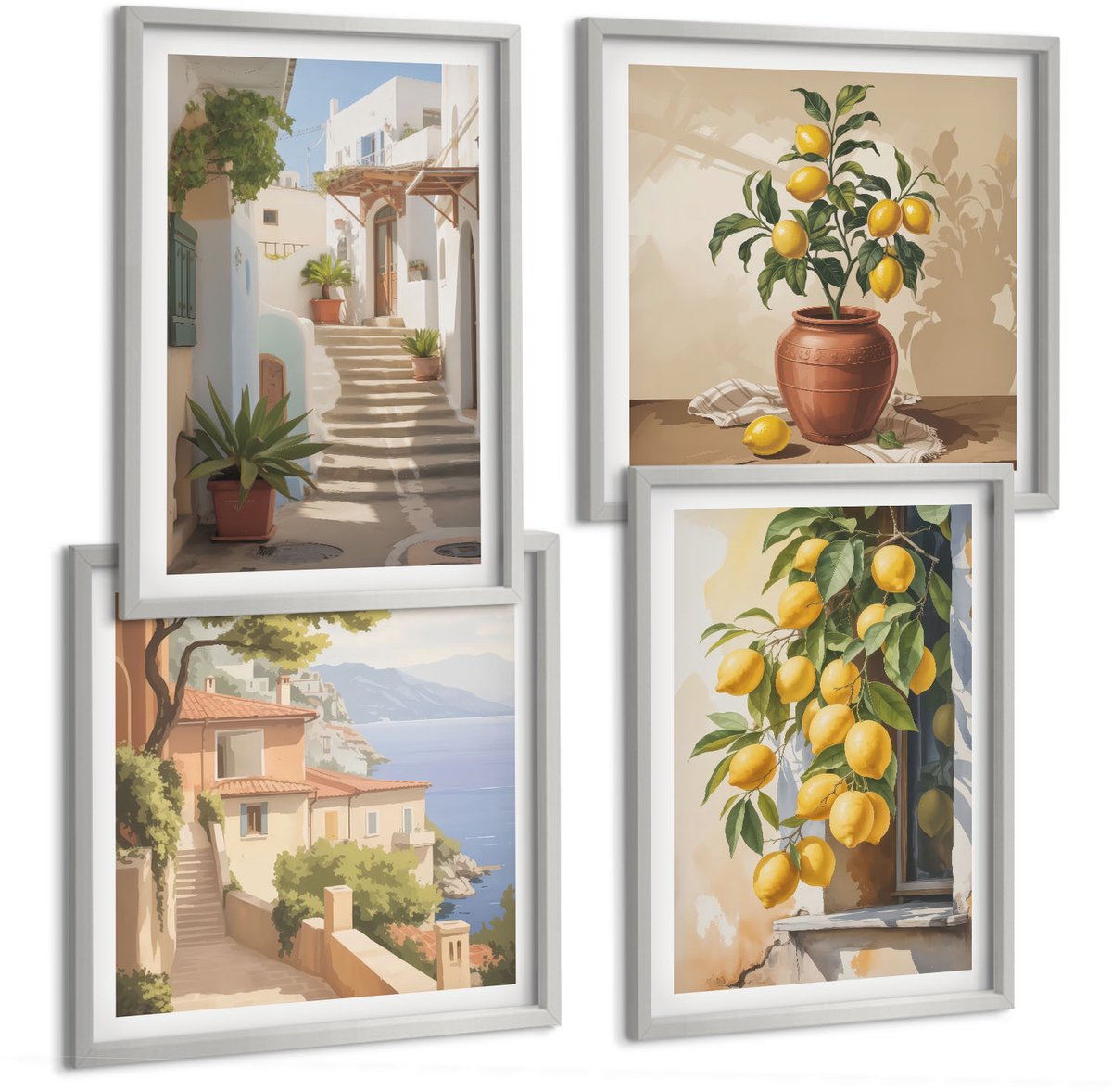 Coloray 4-Delige Schilderij Set - Sfeervolle Straatjes Met Citroenbomen En Uitzicht Op Zee. - 40 x 40 cm En 40 x 60 cm - Decoratieve Schilderijen - Wanddecoratie - Hal - Interieur Decoratie
