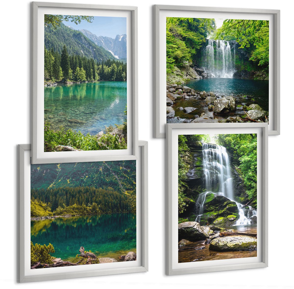 Coloray 4-Delige Schilderij Set - Watervallen In Een Groene Omgeving Met Stenen En Water. - 40 x 40 cm En 40 x 60 cm - Muurdecoratie - Wanddecoratie - Slaapkamer - Stijlvolle Muurdecoratie