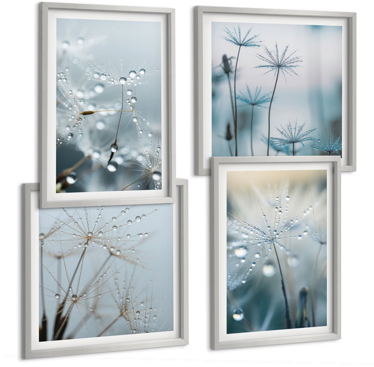 Coloray 4-Delige Schilderij Set - Dauwdruppels Op Tere Paardenbloemen - 40 x 40 cm En 40 x 60 cm - Schilderijen Set - Wanddecoratie - Woonkamer