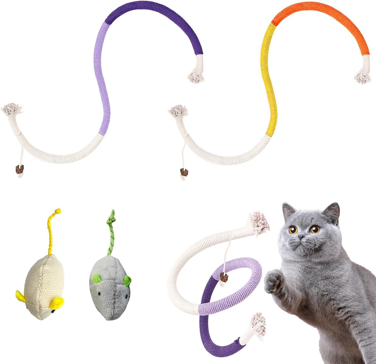 4 stuks katten speelgoed, bijt touw kattenkruid speelgoed kattenkruid speelgoed muis kitten speelgoed interactieve katten speelgoed voor binnenkatten kitten voor verveling en beweging (geel + paars)