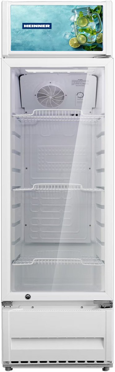 Heinner HSC-M213WHB Drankenkoelkast – Vrijstaande Koelkast met Glazen Deur – 213 L – 204 Flessen – Ventilatorkoeling – LED-verlichting – Instelbare Thermostaat – 3 Legplanken – Deurslot – Wit – 5 Jaar Garantie