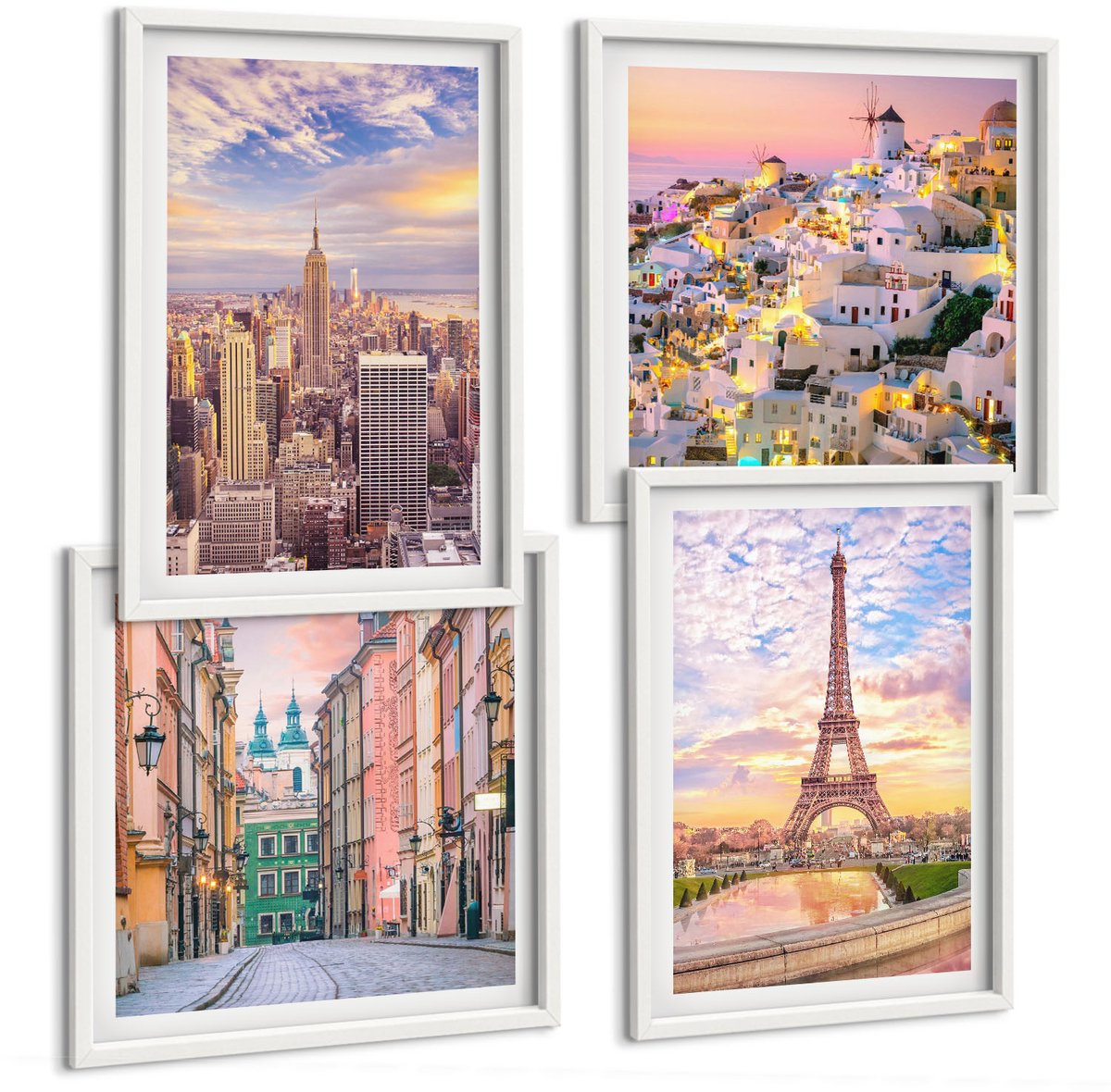 Coloray 4-Delige Schilderij Set - New York Parijs Oia Warschau Zonsondergang - 40 x 40 En 40 x 60 - Decoratieve Muurdecoratie - Slaapkamer