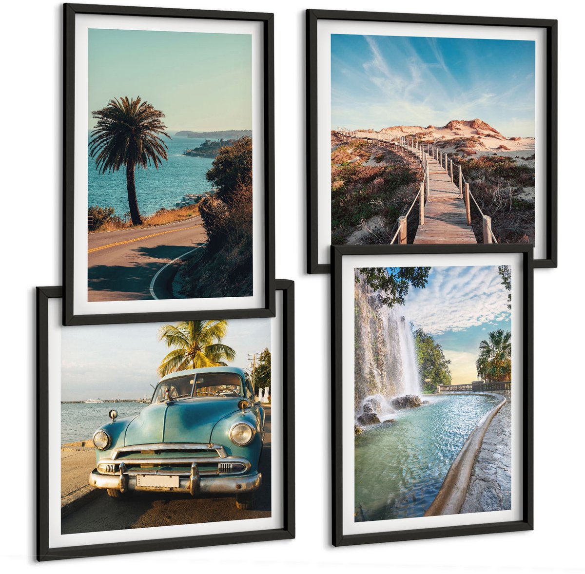 Coloray 4-Delige Schilderij Set - Vakantielandschappen Met Palmbomen En Een Waterval - 40 x 40 cm En 40 x 60 cm - Wanddecoratie - Muurdecoratie - Moderne Interieurdecoratie Zwarte lijst