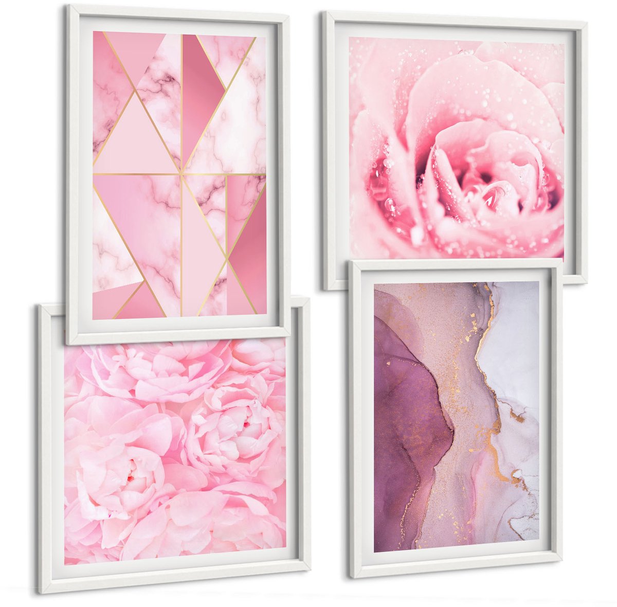 Coloray 4-Delige Schilderij Set - Roze Pioenrozen Met Geometrische Patronen - 40 x 40 En 40 x 60 - Wanddecoratie - Schilderijen Set - Interieur - Decoratieve Schilderijen