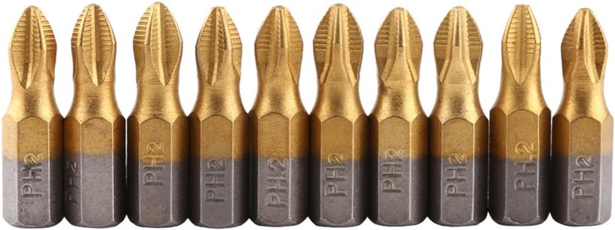 10-delige set magnetische schroevendraaierbits, 1/4"zeskantschacht 25 mm lengte, PH2 antislip gecoat, elektrisch gereedschap voor snelwisselbit