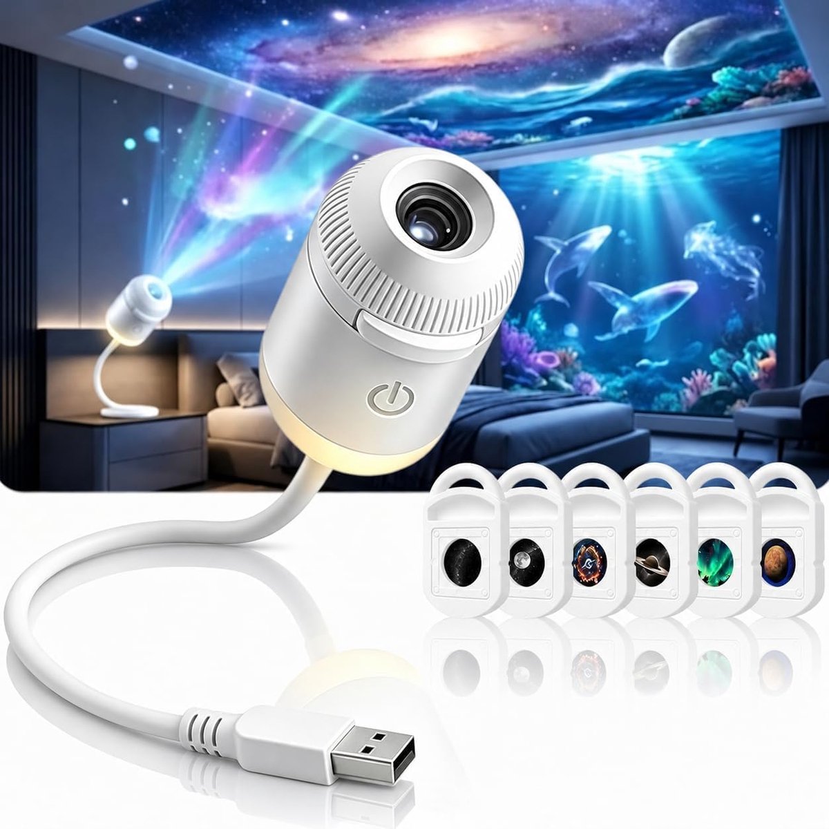 High-definition holografische nachtlamp projector, voorzien van 6 projectiepanelen, USB-interface, 360° verstelbaar, sterrenhemel- en maanprojector, nachtlampje voor de slaapkamer.