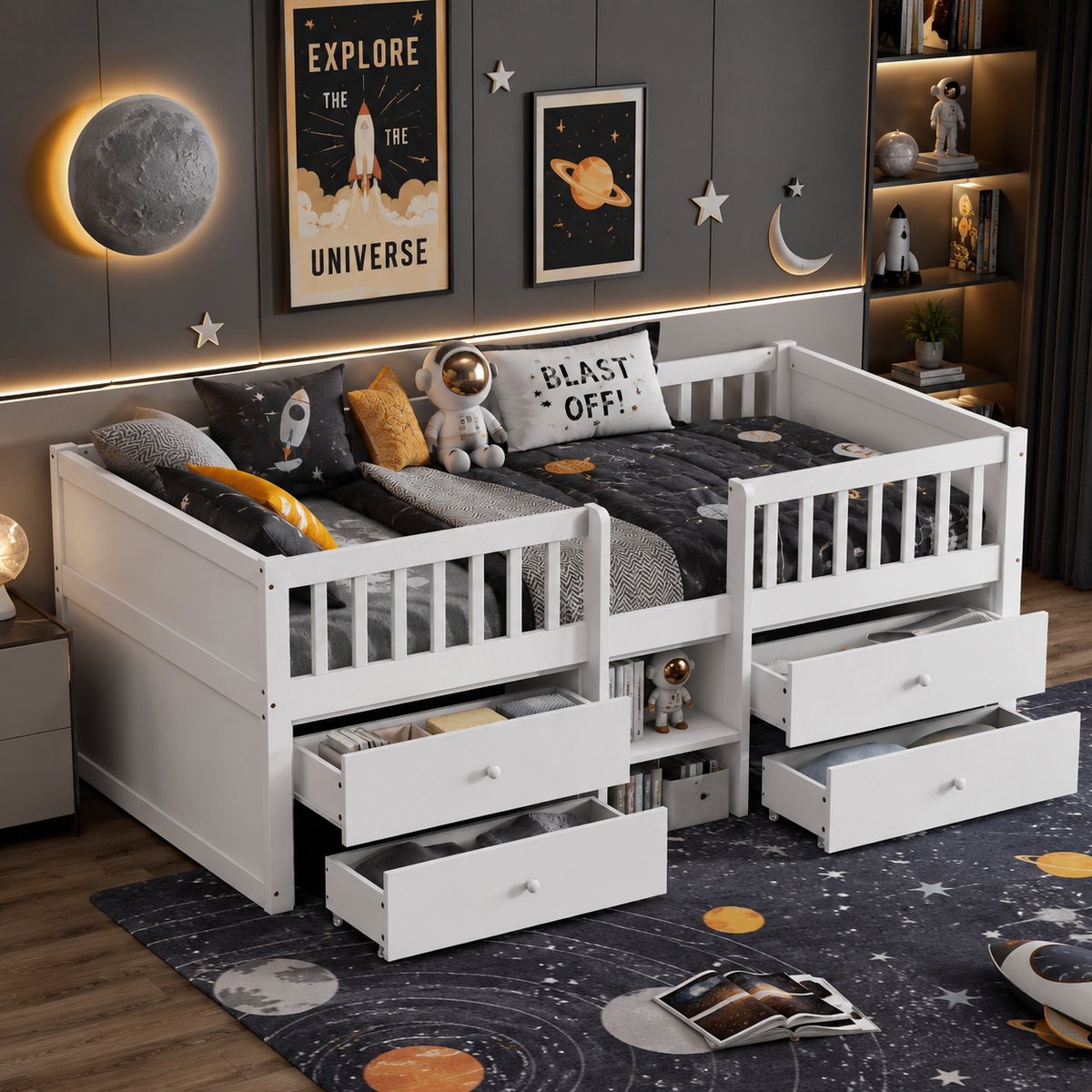 Welltin Kinderbed 90x200 cm - Eenpersoonsbed - Vloerbed - Grondbed - Multifunctioneel bed - Met 4 lades - Met vangrail - Met opbergruimte - Dennenhout - Ruimtebesparend - Snelle montage - Wit